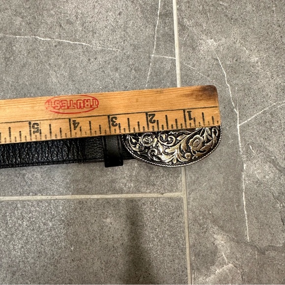 Black western belt silver tooled round oval buckle cowboy cowgirl leather elite - Picture 2 of 11